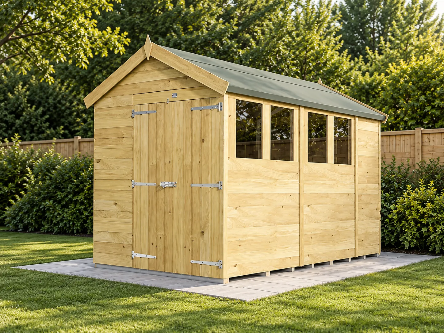 Illustrative garden scene of a timber apex shed
