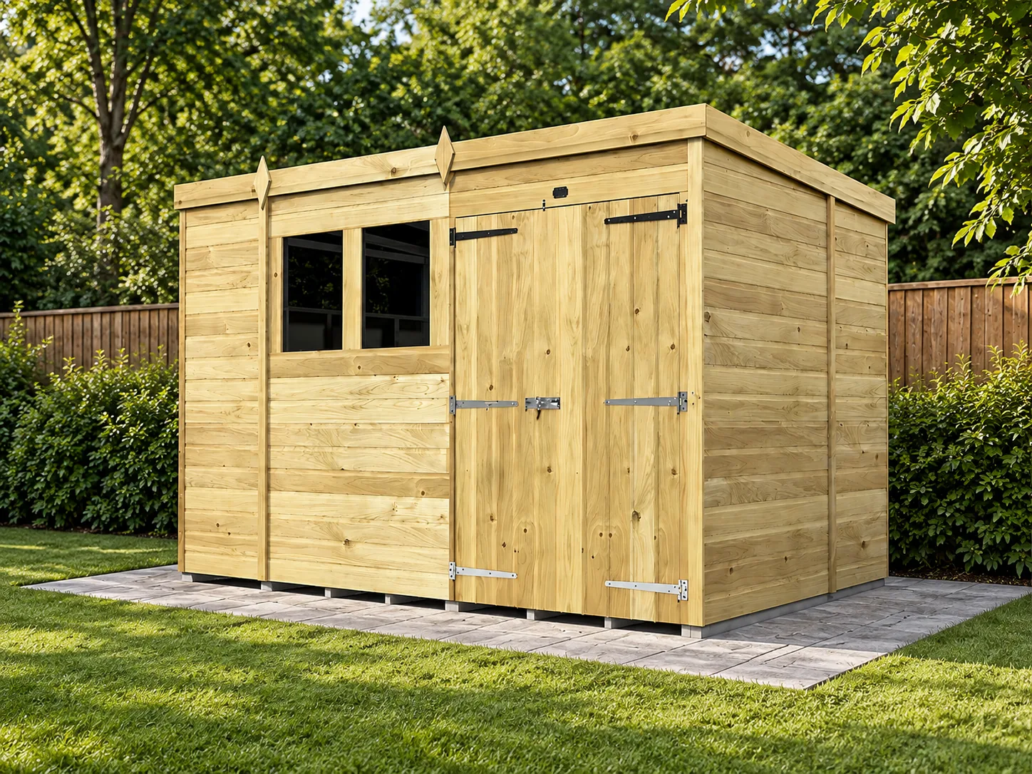 Illustrative garden scene of a timber pent shed