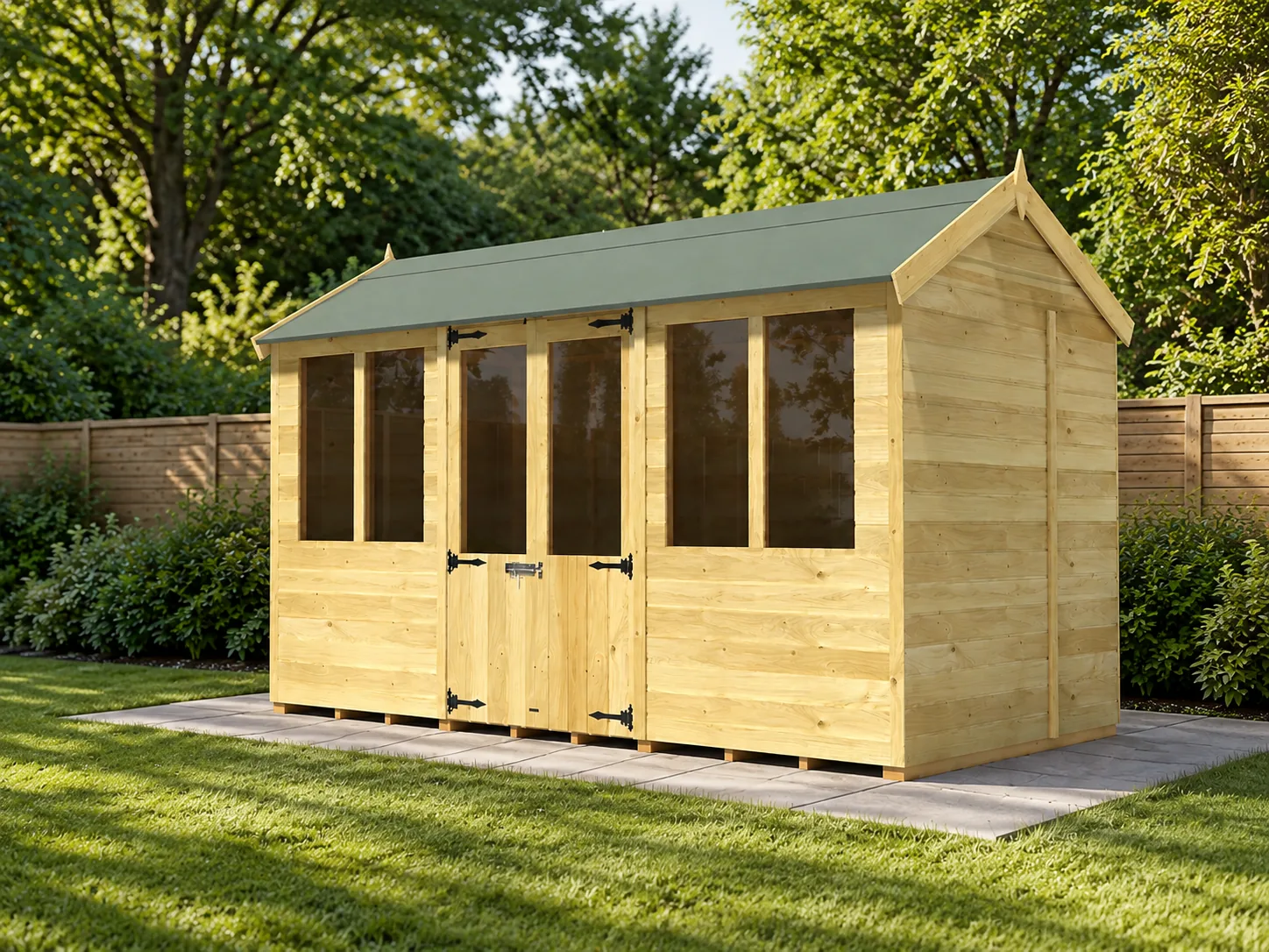 Illustrative garden scene of a glazed timber summer house